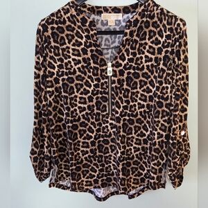 Michael Kors Leopard Print Vneck Long Sleeve/Roll Up Tab Gold Zip Up Blouse M